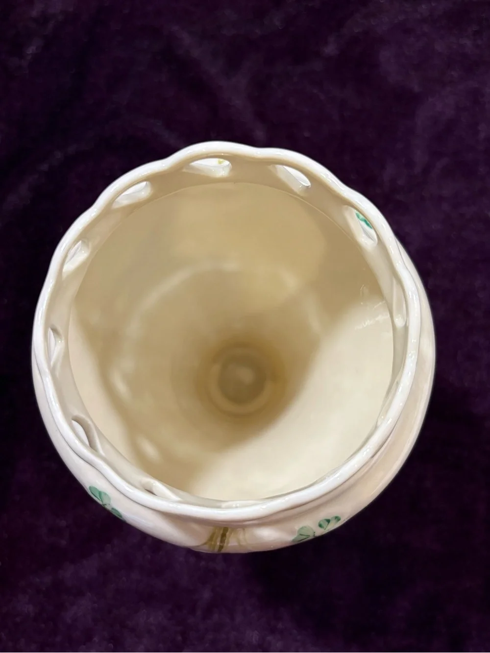 Beleek Ireland Vintage Hand-Painted Cream Green Shamrock Vase.